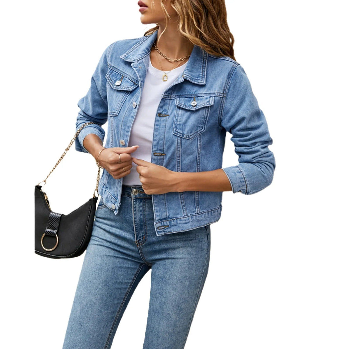 Women's denim jacket with point collar, button front and chest pockets
