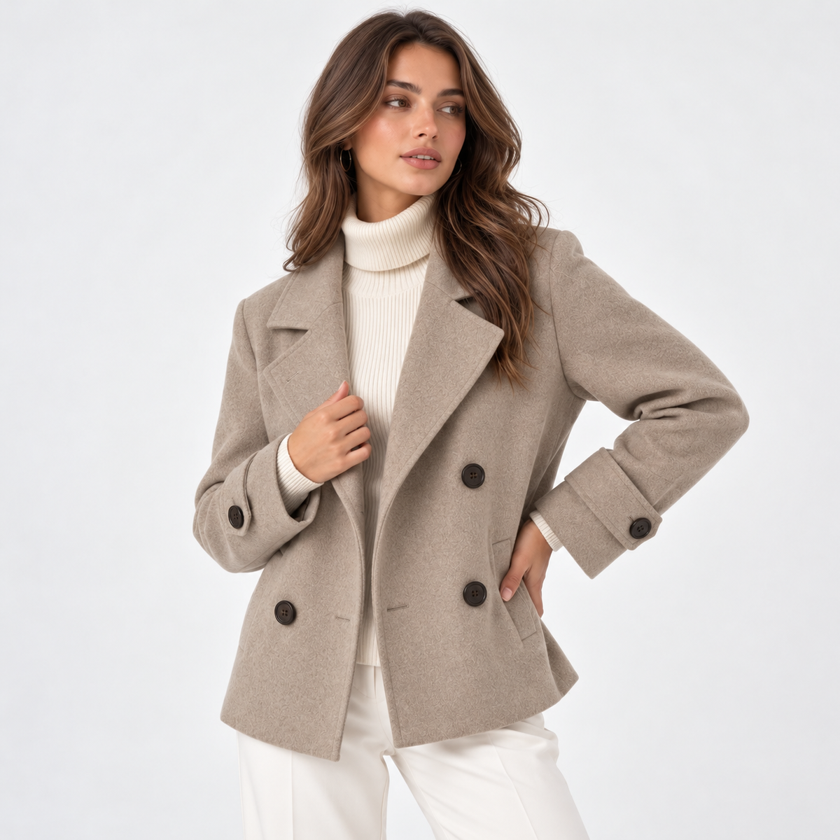 Women's short double-breasted coat with notched lapels and long sleeves