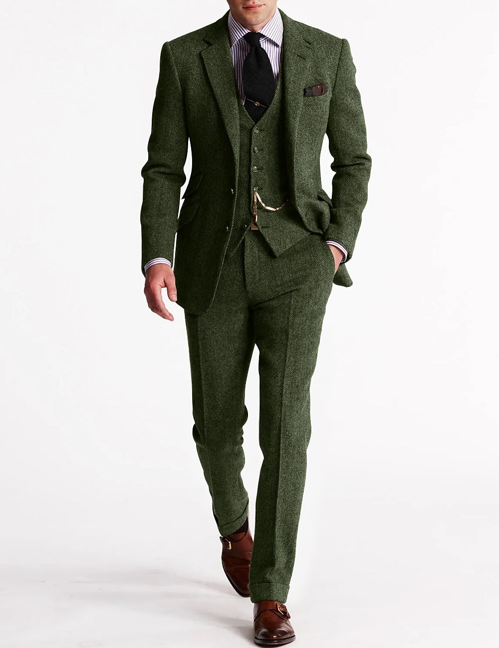 Men's slim fit herringbone three-piece suit with tailored jacket, waistcoat and trousers