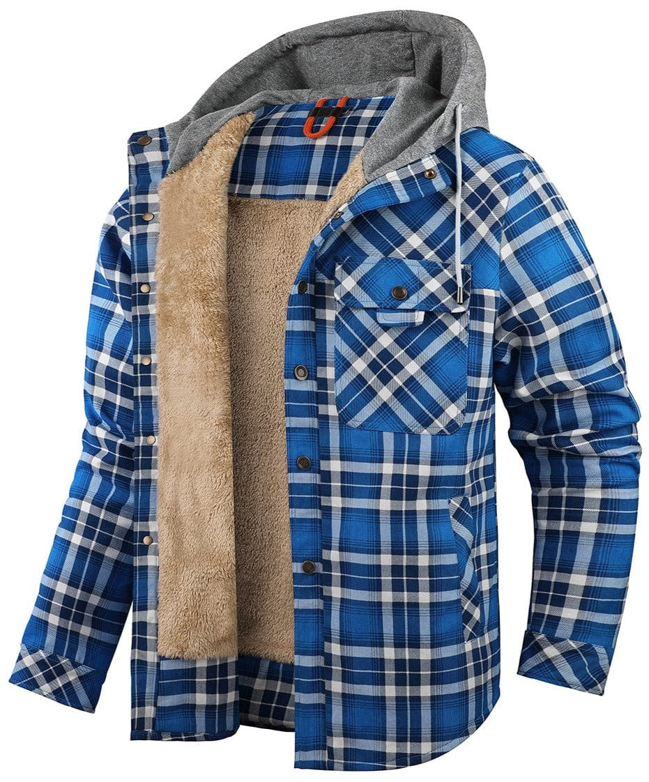 Men's checked hooded jacket with button front, chest pockets and contrasting lining