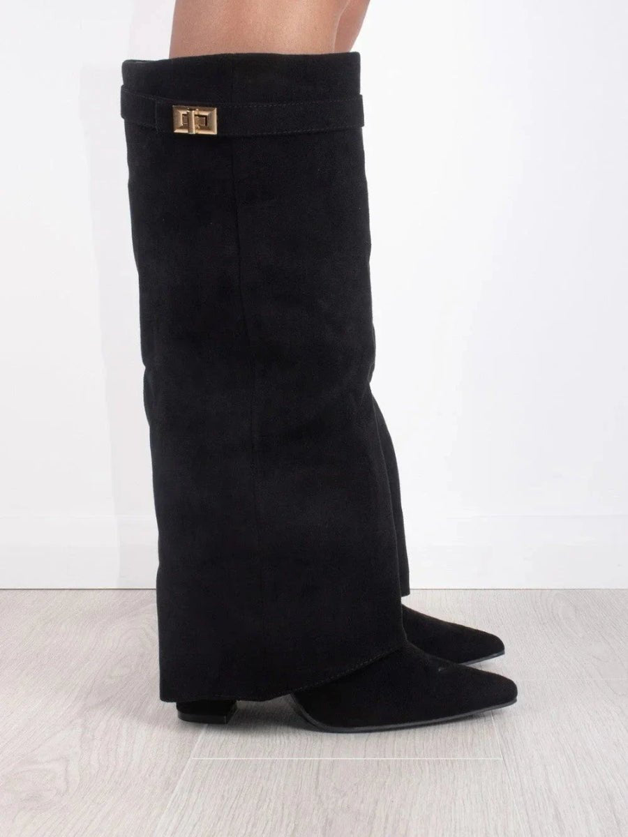 Women's over-the-knee suede boots with pointed toes, block heels, side zips and cuff trim