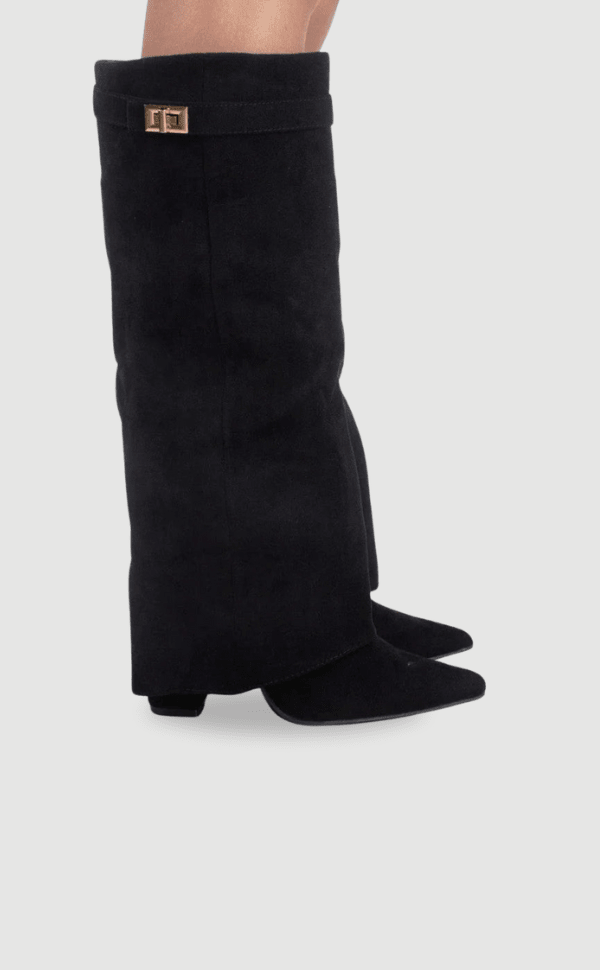 Women's over-the-knee suede boots with pointed toes, block heels, side zips and cuff trim