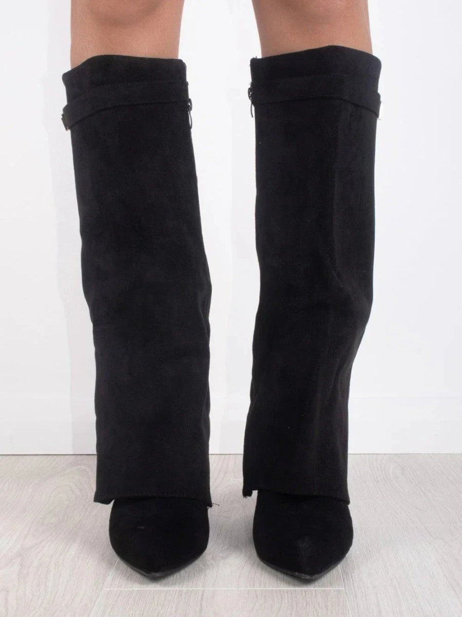 Women's over-the-knee suede boots with pointed toes, block heels, side zips and cuff trim