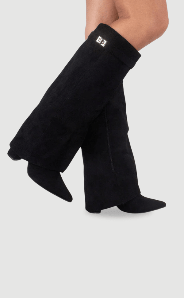 Women's over-the-knee suede boots with pointed toes, block heels, side zips and cuff trim