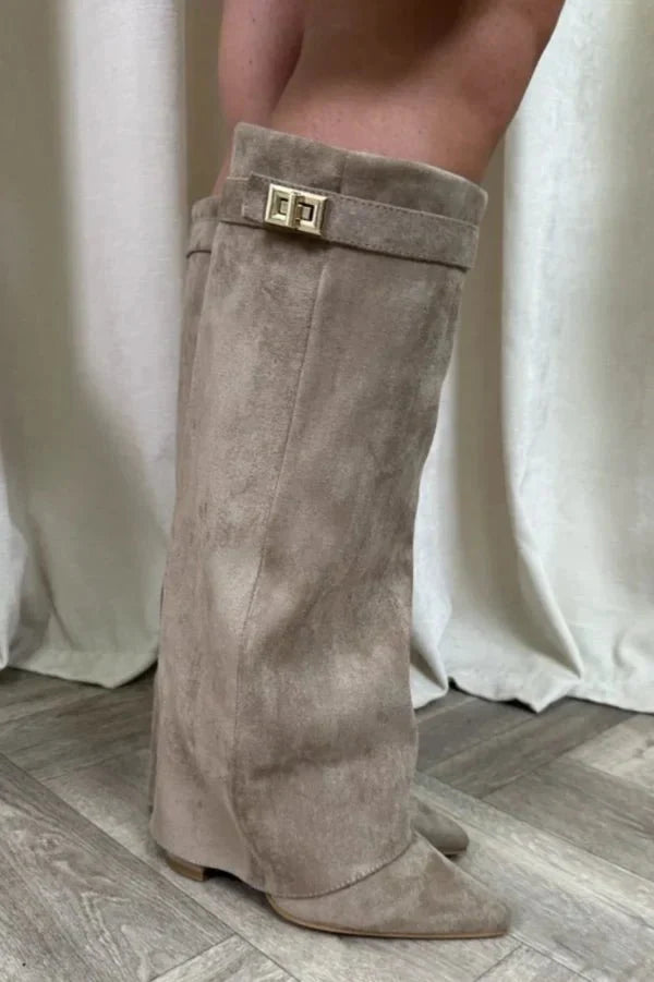 Women's knee-high pointed-toe boots with block heels and buckle details