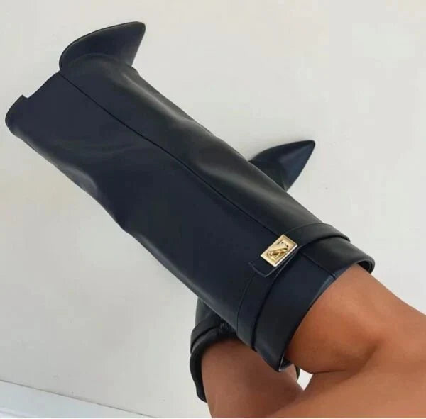 Women's knee-high pointed-toe boots with block heels and buckle details