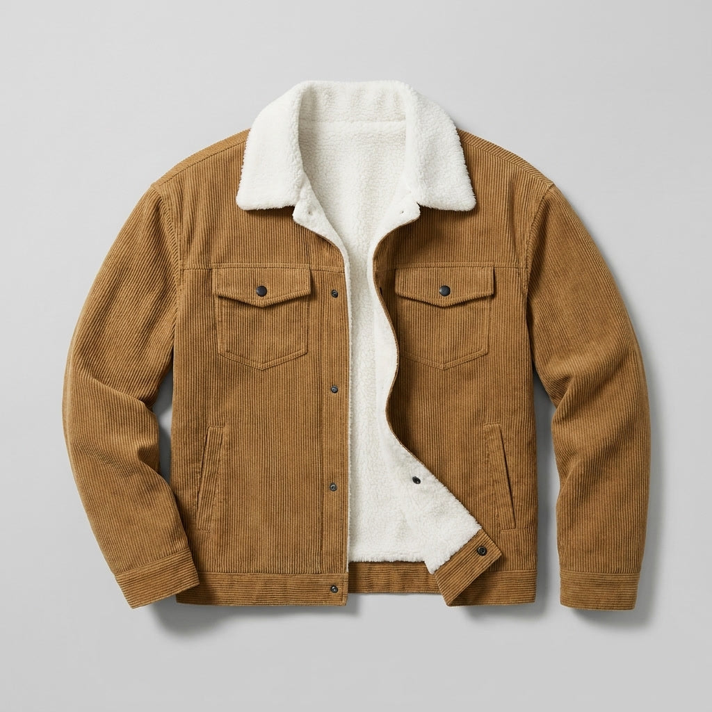 Men's corduroy jacket with contrasting sherpa-style collar, button front and multiple pockets