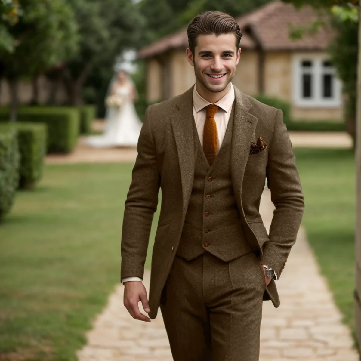 Men's three-piece textured suit with notch lapels, waistcoat and matching trousers