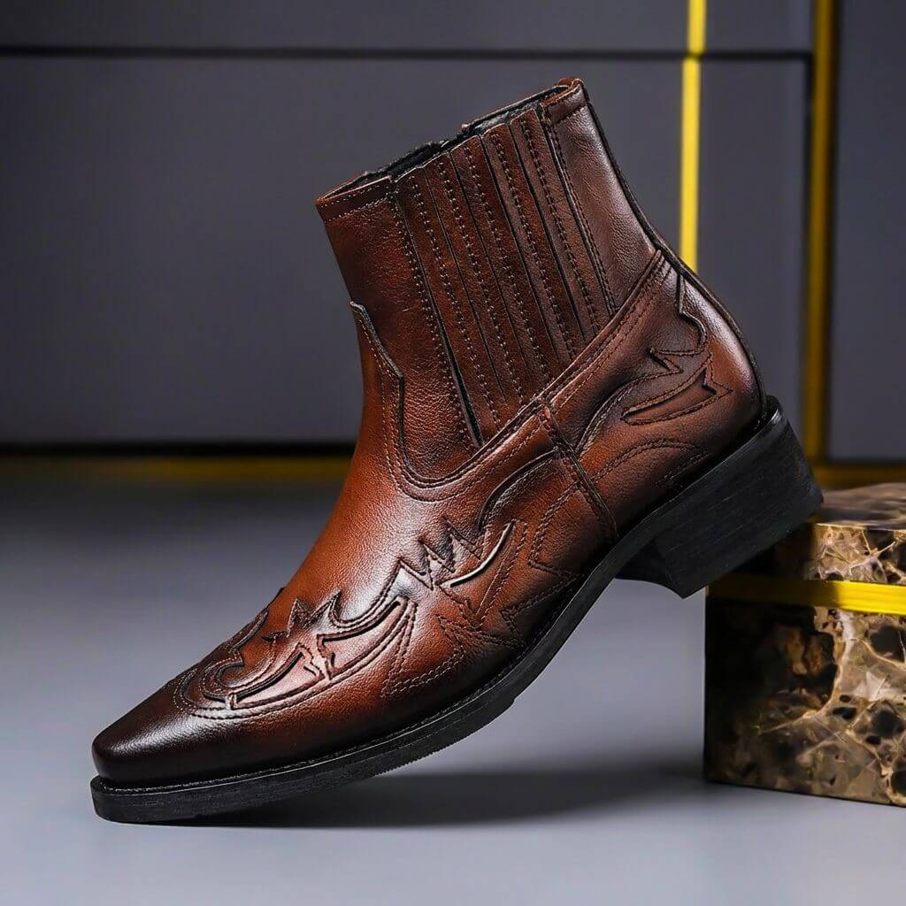 Men's pointed toe cowboy boots with decorative stitched detailing