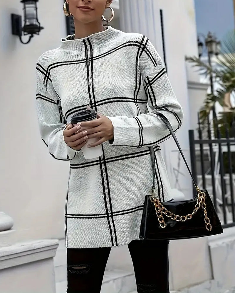Women's white checkered mock neck jumper with long sleeves and side splits