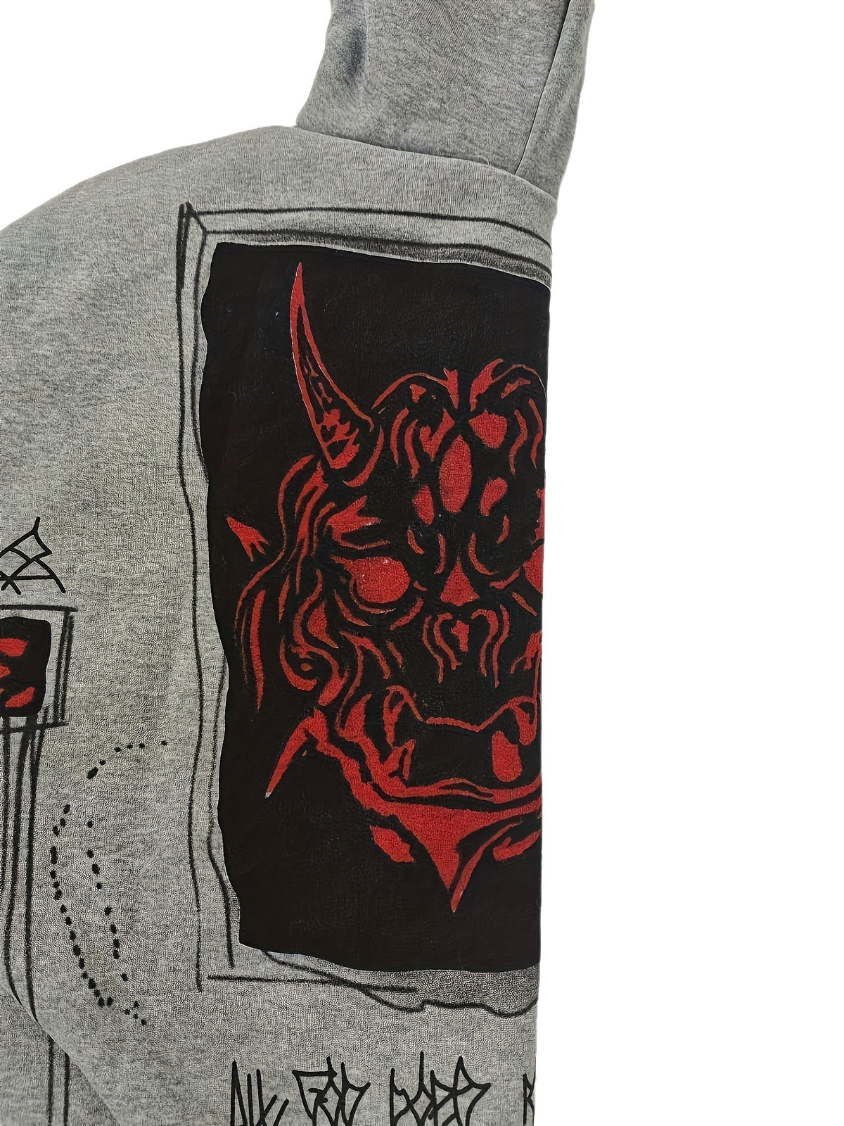 Men's grey zip-up hoodie with hood and graphic front panels