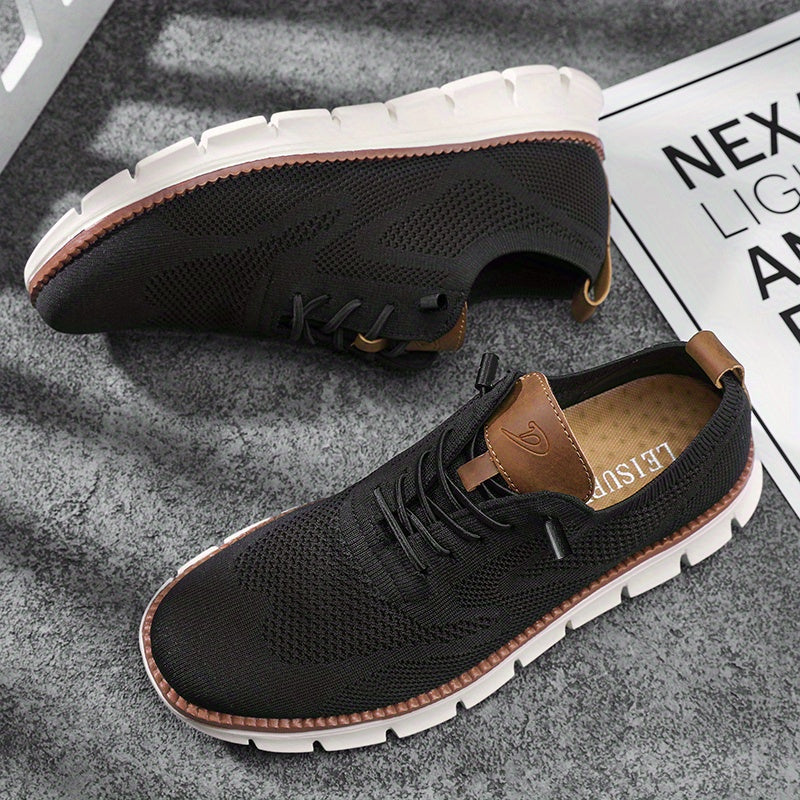Men's Knit Trainers Lace-Up White Sole - Black