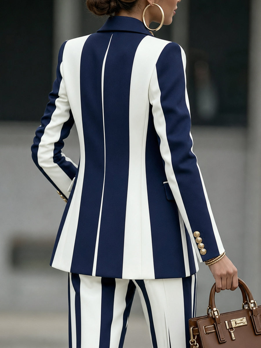 Women's navy and white striped blazer with notched collar and long sleeves