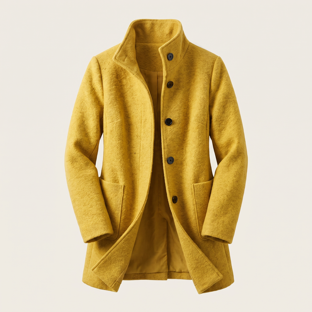 Women's longline coat with raised collar, button front and patch pockets