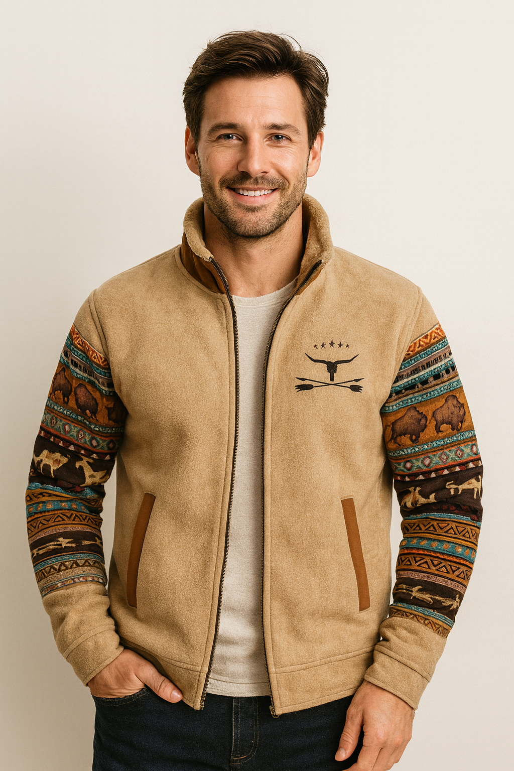 Men's Fleece Jacket Aztec-Sleeve Sherpa-Lined - Blue
