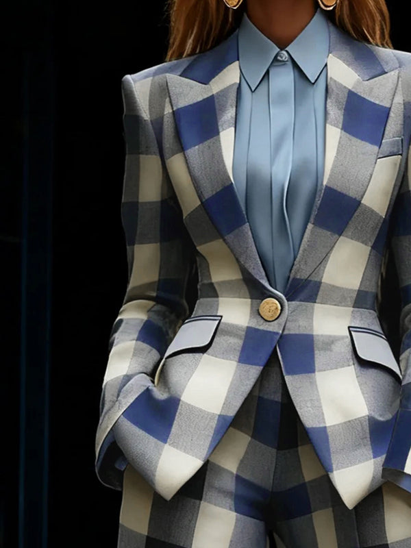 Women's blue checked plaid blazer with notched collar, button fastening and flap pockets