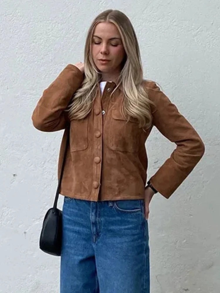 Women's Suede Jacket Cropped Button-Front Chest Pockets - Brown
