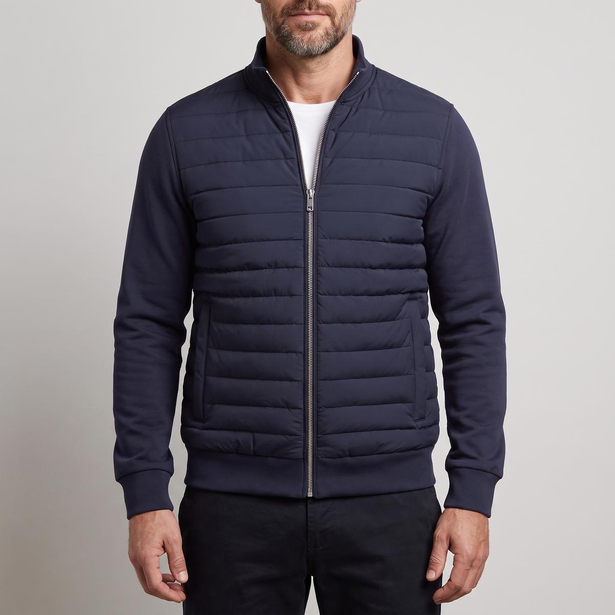 Men's quilted hybrid jacket with stand collar, long sleeves and front pockets
