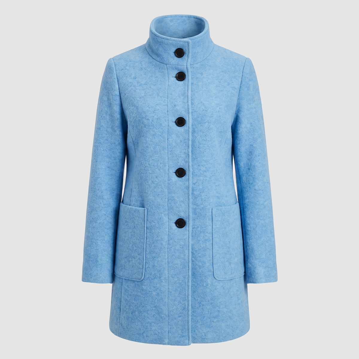 Women's longline coat with raised collar, button front and patch pockets