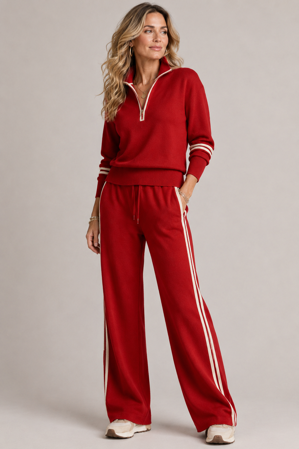 Women's mock-neck zip sweater and wide-leg trouser set with contrast stripes