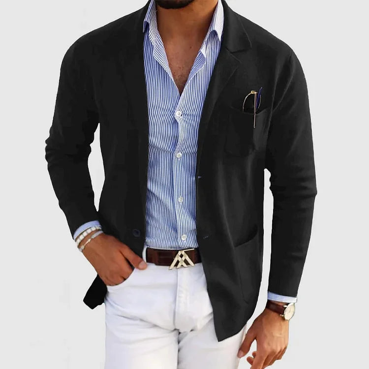 Men's long sleeve blazer with notched lapels, button front and pockets