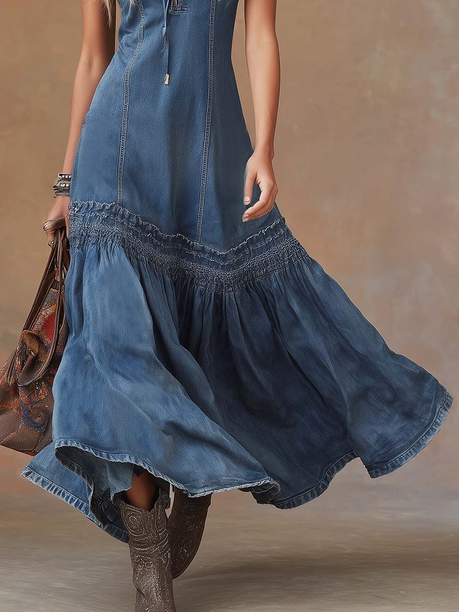 Women's Tie Neck Maxi Dress Sleeveless Bubble Hem Tailored Fit | Blue