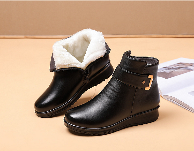 Women's ankle boots with plush collars, buckle straps and textured soles