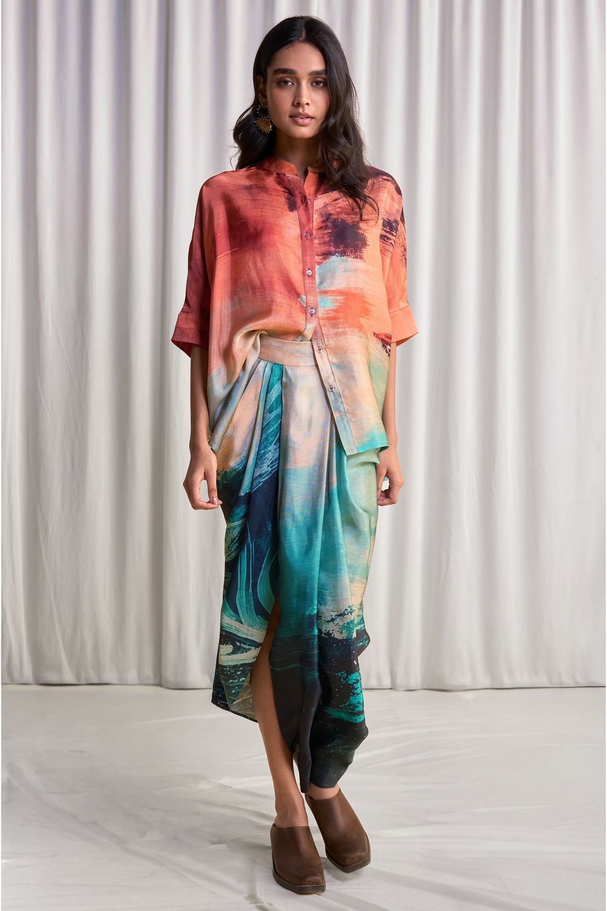 Women's multicoloured abstract brushstroke shirt and draped midi skirt set