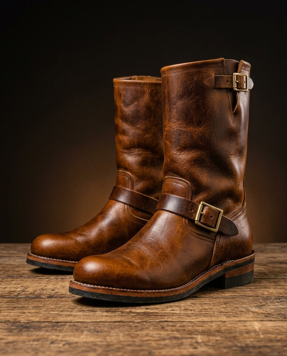 Unisex vintage engineer boots with buckle straps and round toes