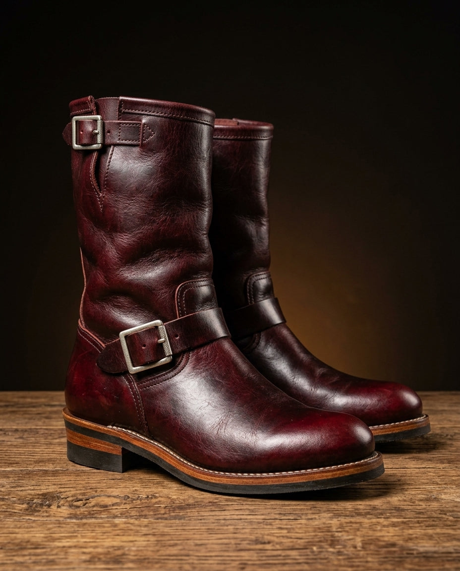 Unisex vintage engineer boots with buckle straps and round toes
