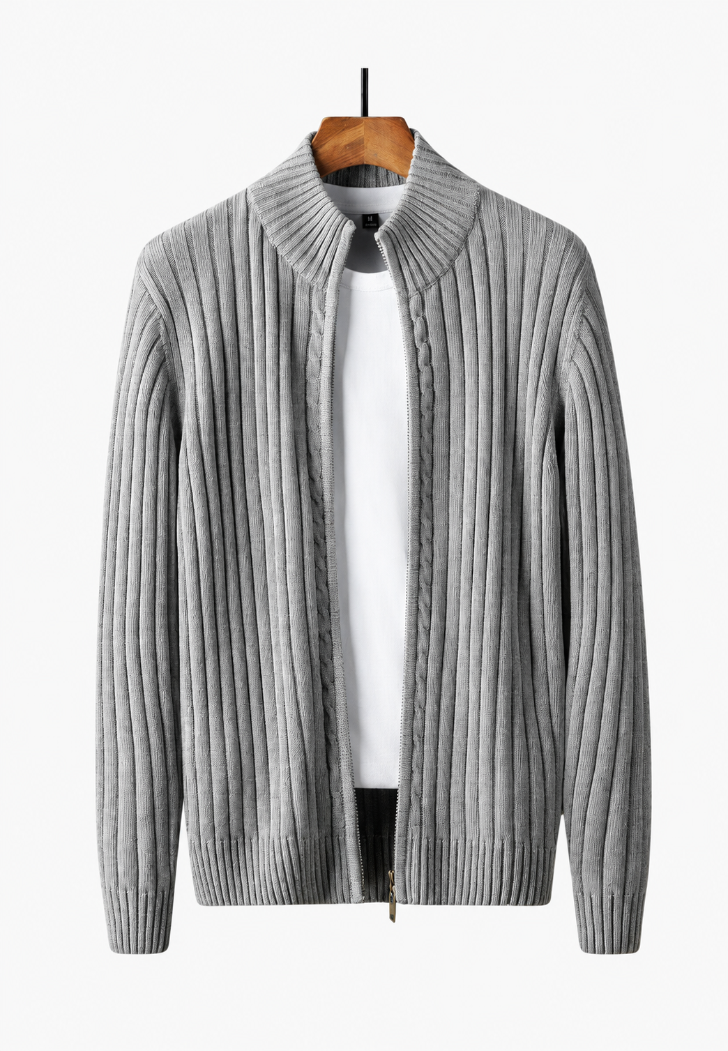 Men's ribbed full-zip cardigan with stand collar and long sleeves