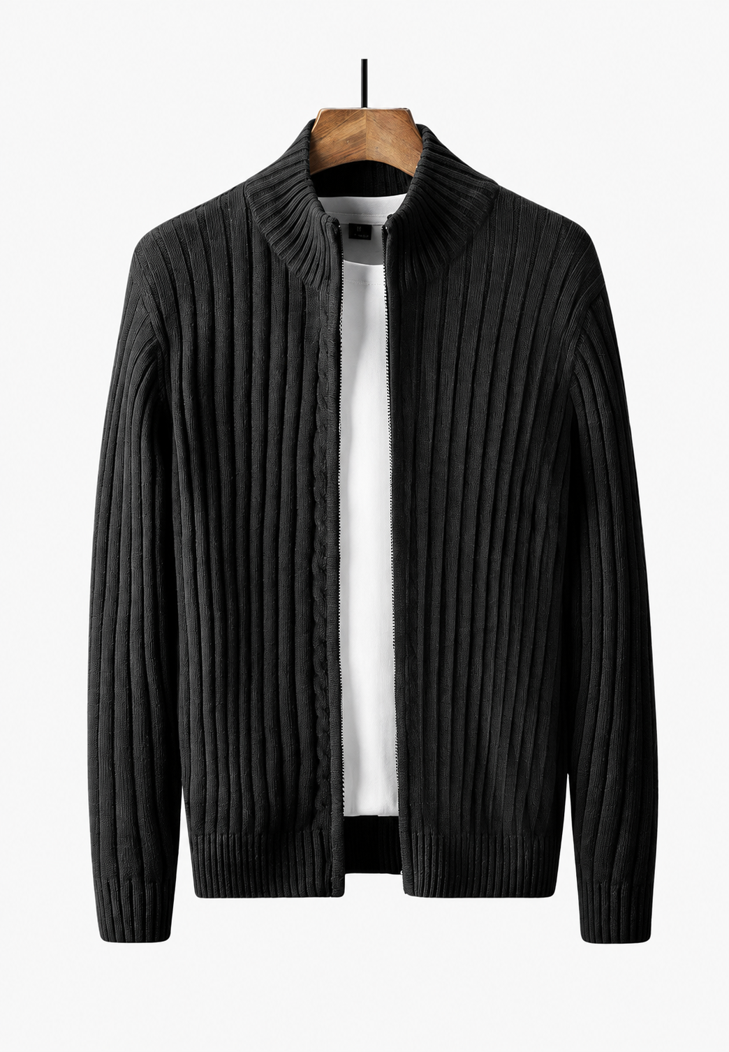 Men's ribbed full-zip cardigan with stand collar and long sleeves