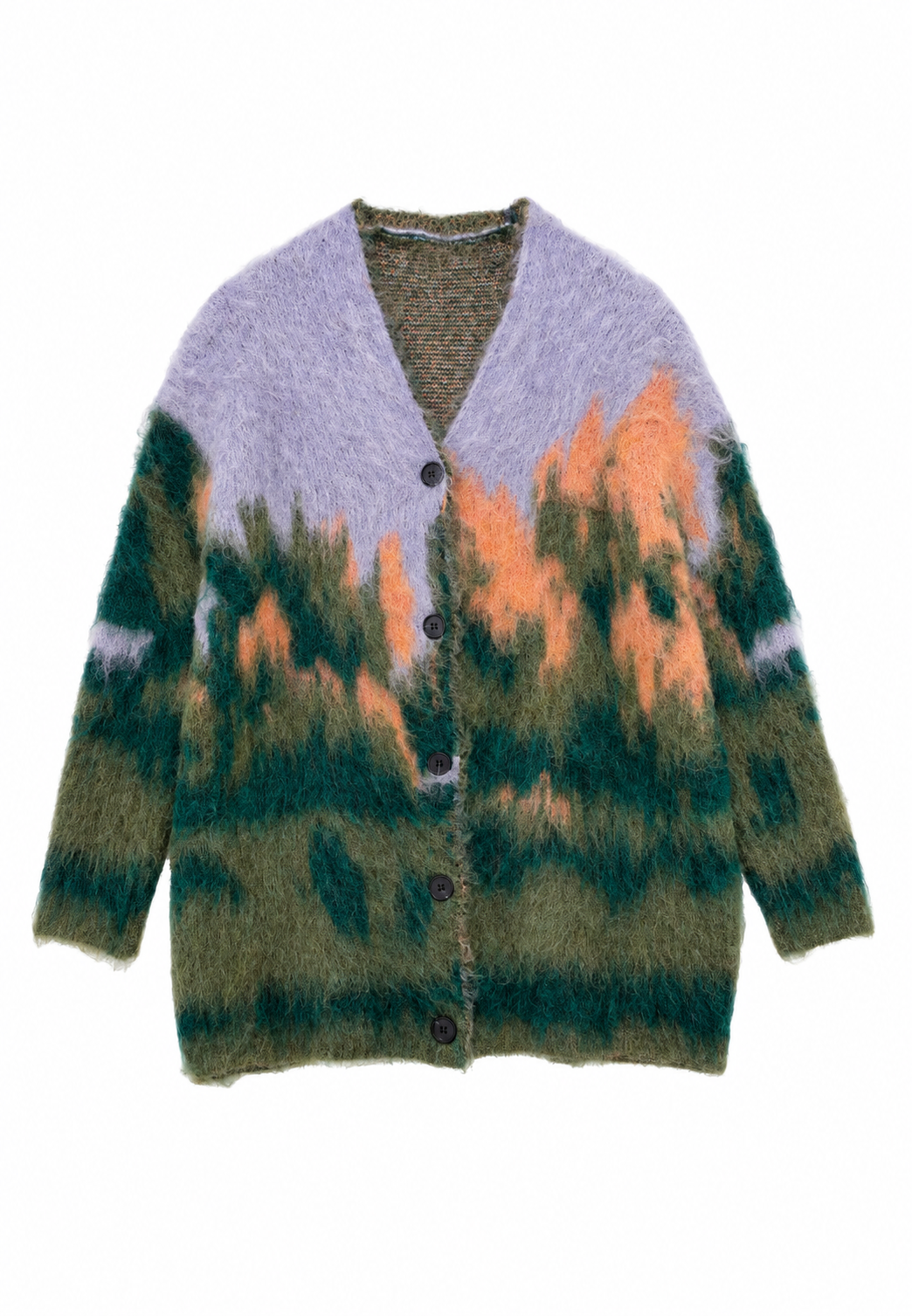Women's long green abstract pattern cardigan with V-neck and button front