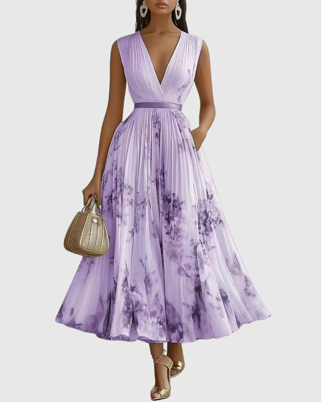 Women’s Floral A-Line Midi Dress | Pleated V-Neck