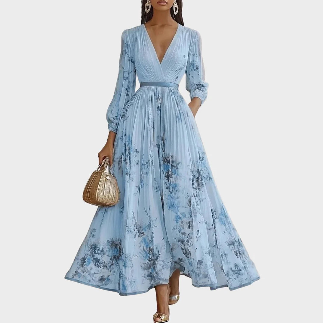 Women’s Floral A-Line Midi Dress | Pleated V-Neck