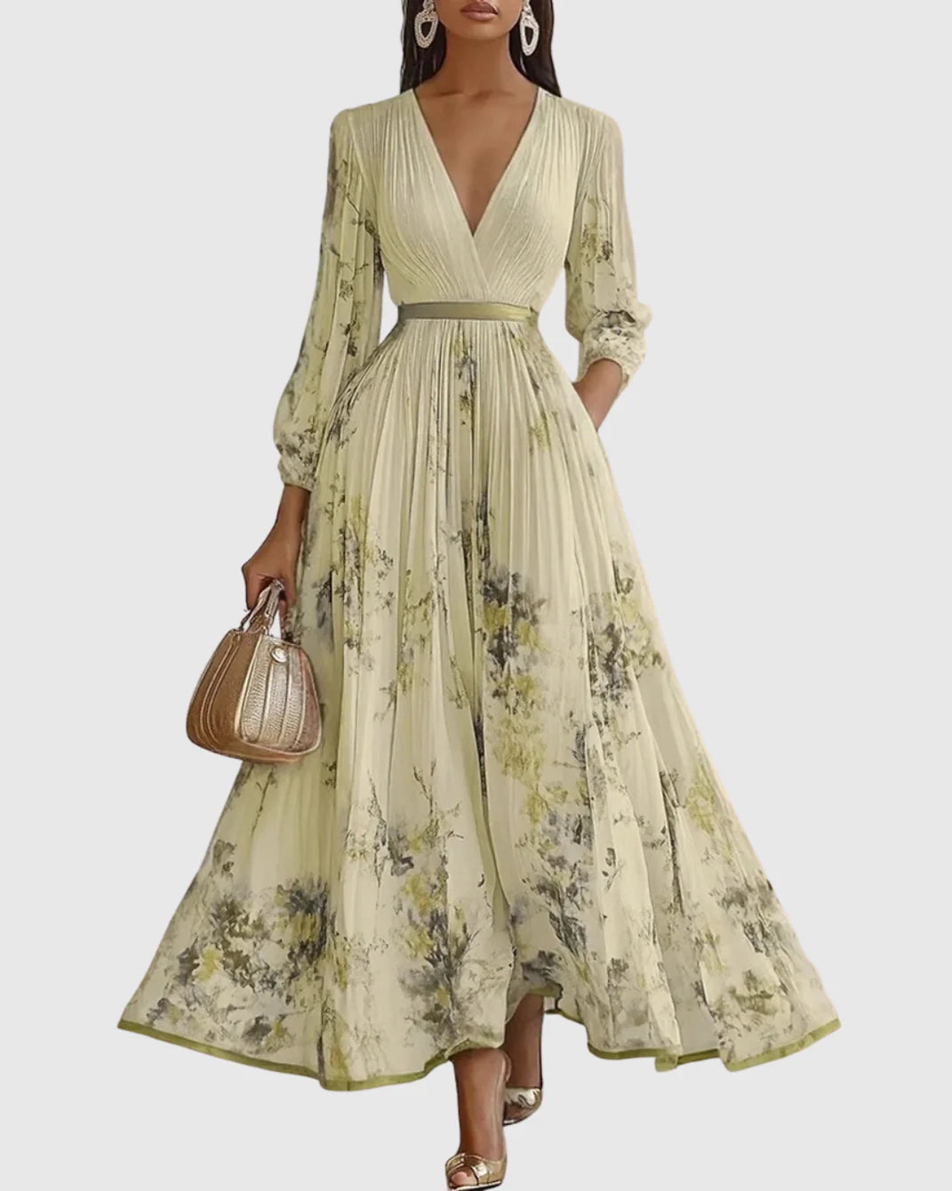 Women’s Floral A-Line Midi Dress | Pleated V-Neck