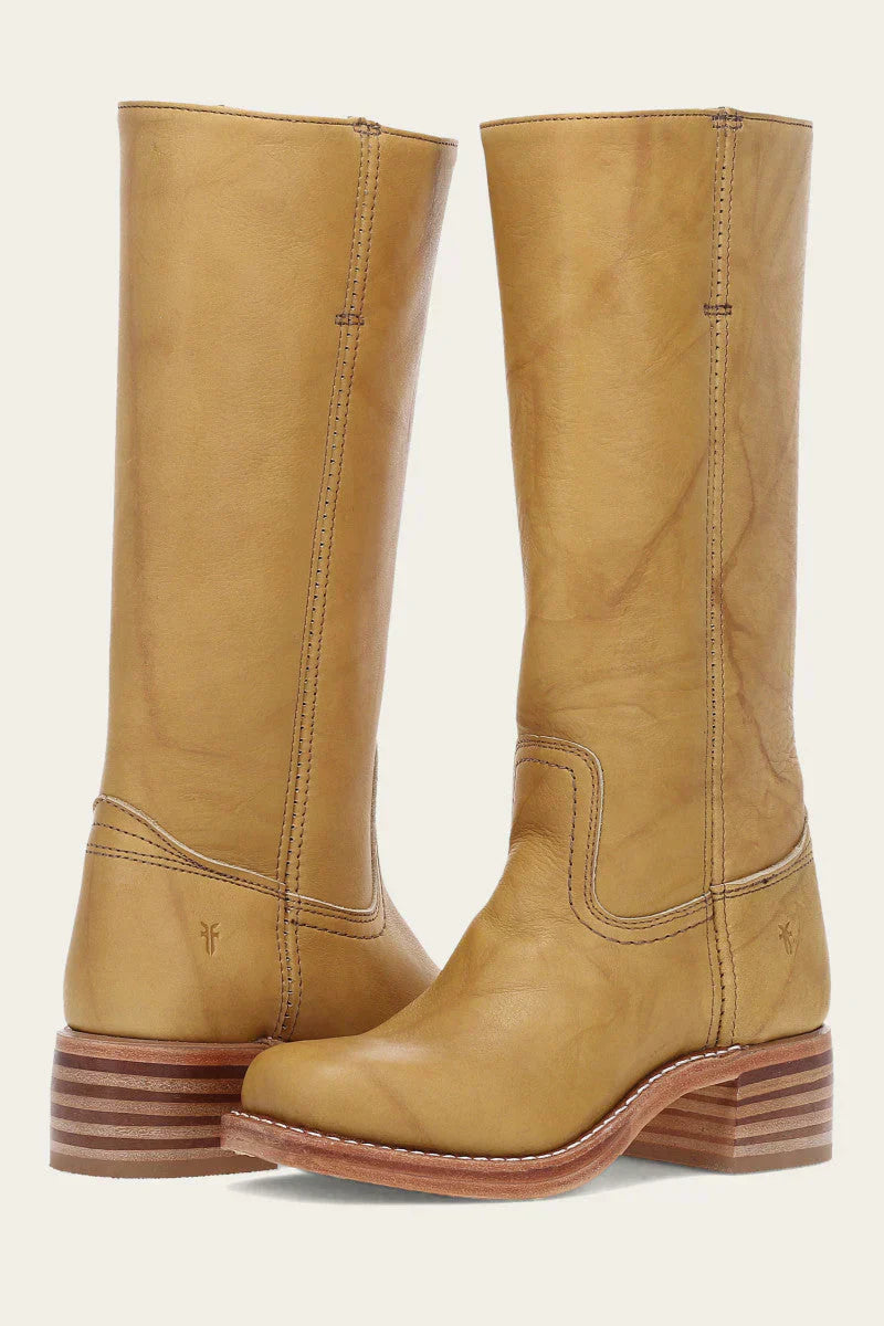 Women's mid-calf boots with round toes, block heels and stitched panels