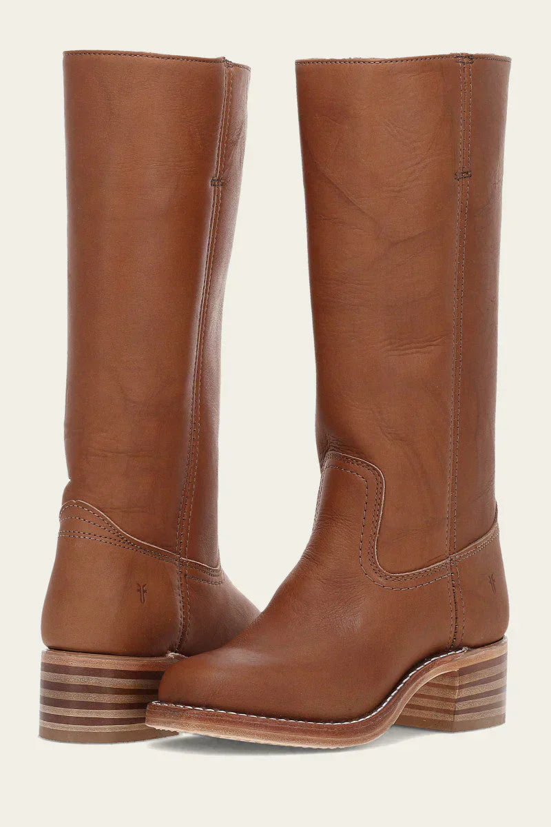 Women's mid-calf boots with round toes, block heels and stitched panels