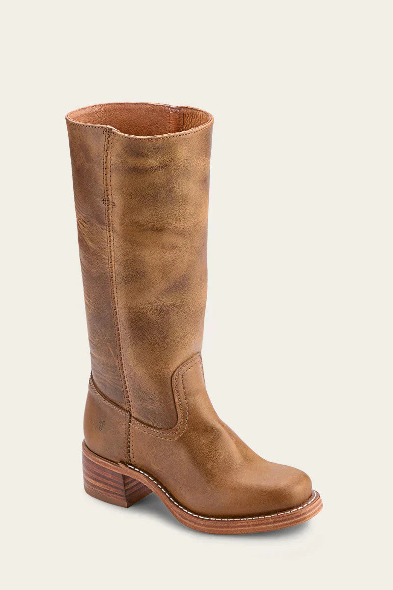 Women's mid-calf boots with round toes, block heels and stitched panels