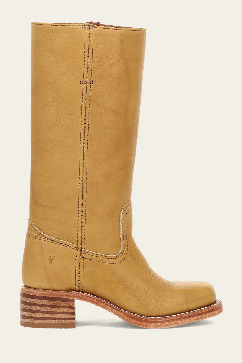 Women's mid-calf boots with round toes, block heels and stitched panels