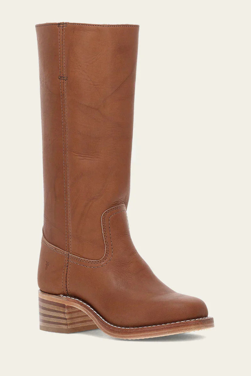 Women's mid-calf boots with round toes, block heels and stitched panels