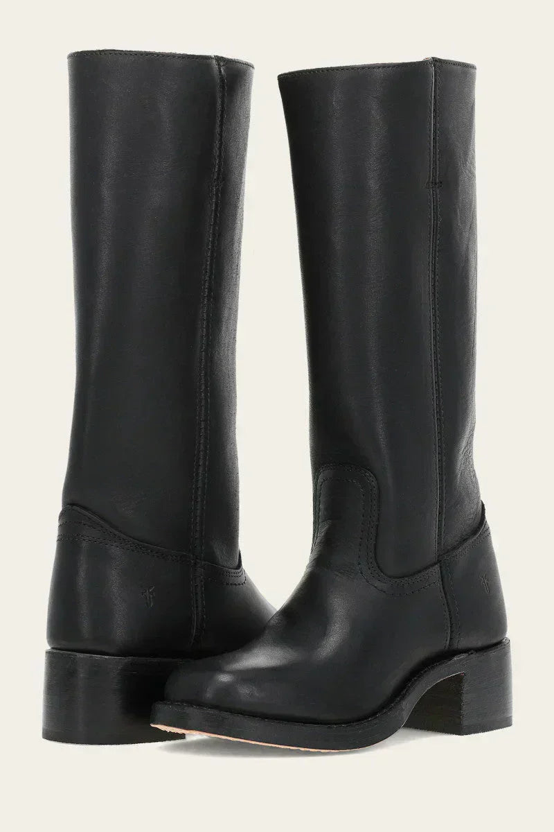 Women's mid-calf boots with round toes, block heels and stitched panels