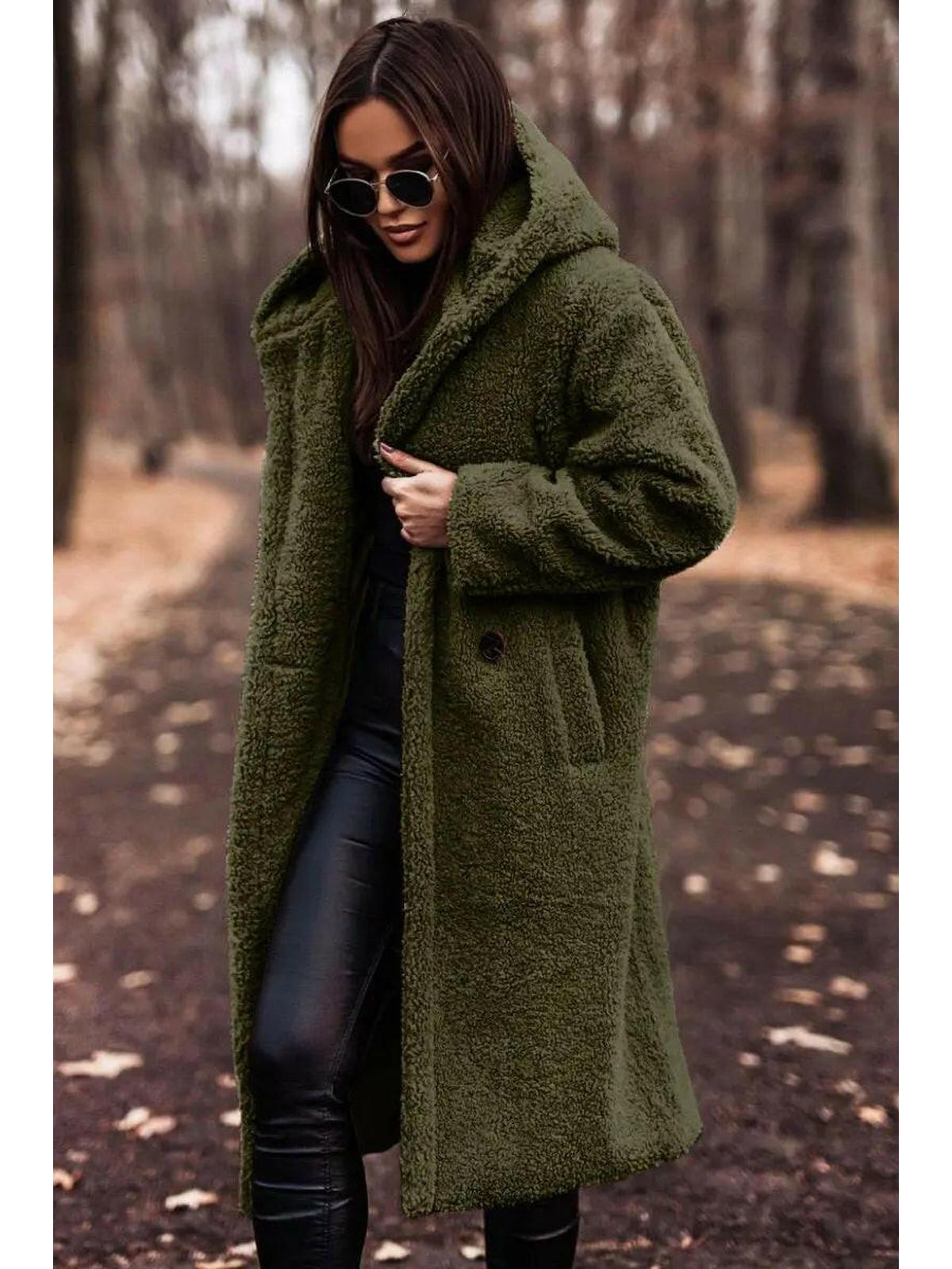 Women's longline hooded teddy coat with long sleeves and front pockets