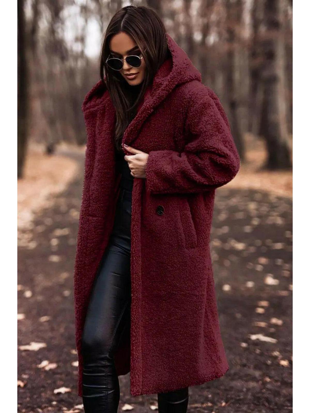 Women's longline hooded teddy coat with long sleeves and front pockets