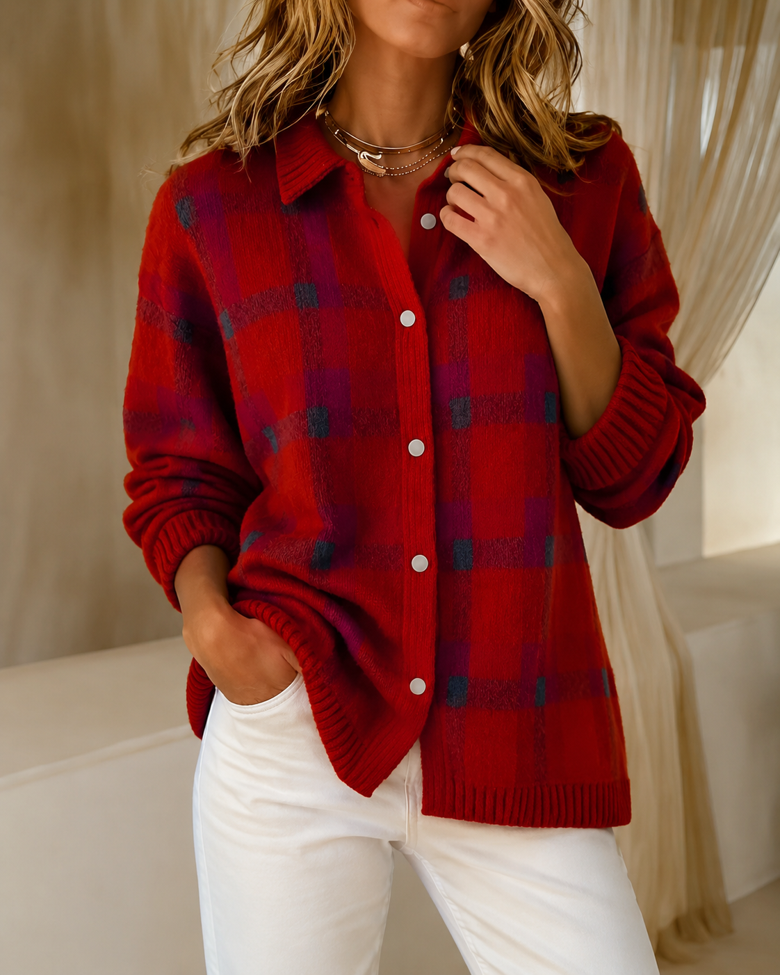 Women's checked knitted cardigan with collared neckline and button front