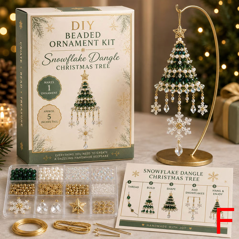 DIY beaded Christmas ornament kits with layered tree and snowflake designs, beads, wire and instructions