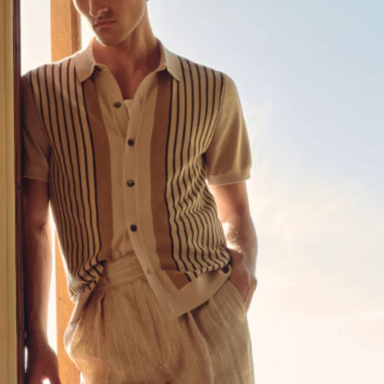 Men's beige knitted polo cardigan with vertical stripes and short sleeves