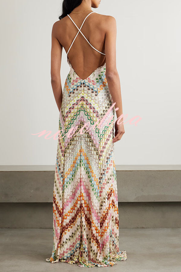 Women's multicoloured geometric knit maxi dress with V-neck and spaghetti straps