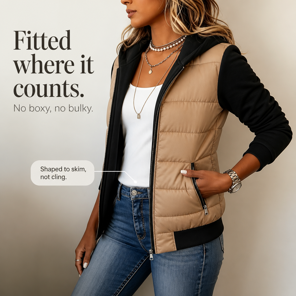 Women's hip-length quilted puffer jacket with hood and long knit sleeves