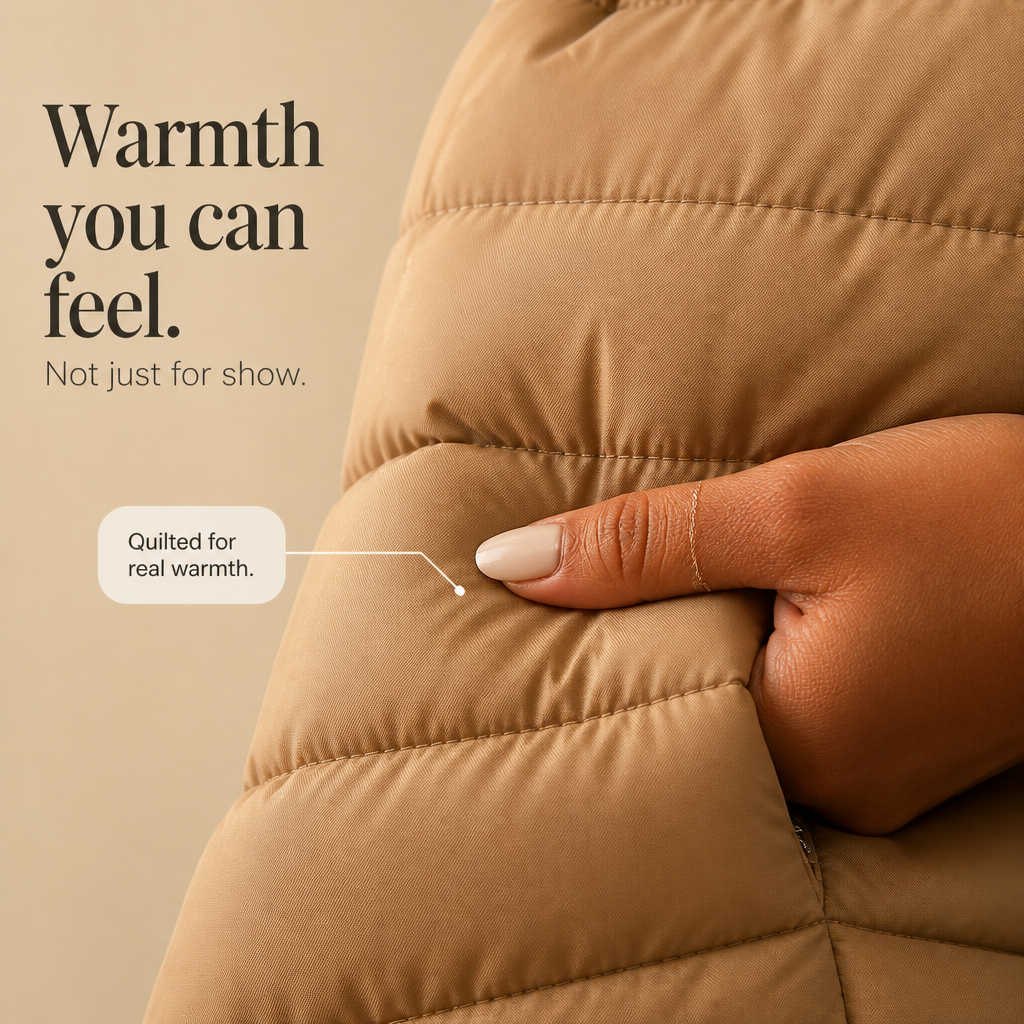 Women's hip-length quilted puffer jacket with hood and long knit sleeves